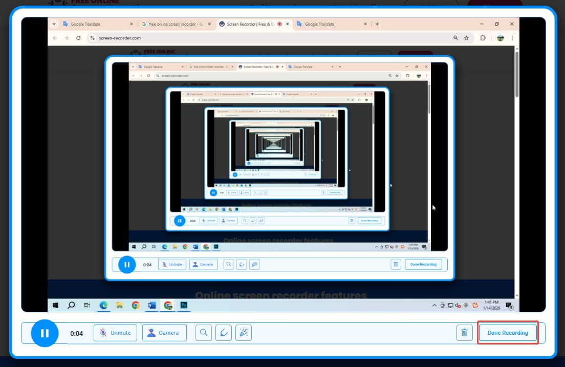 録画画面の「Done Recording」ボタンが強調表示されている状態