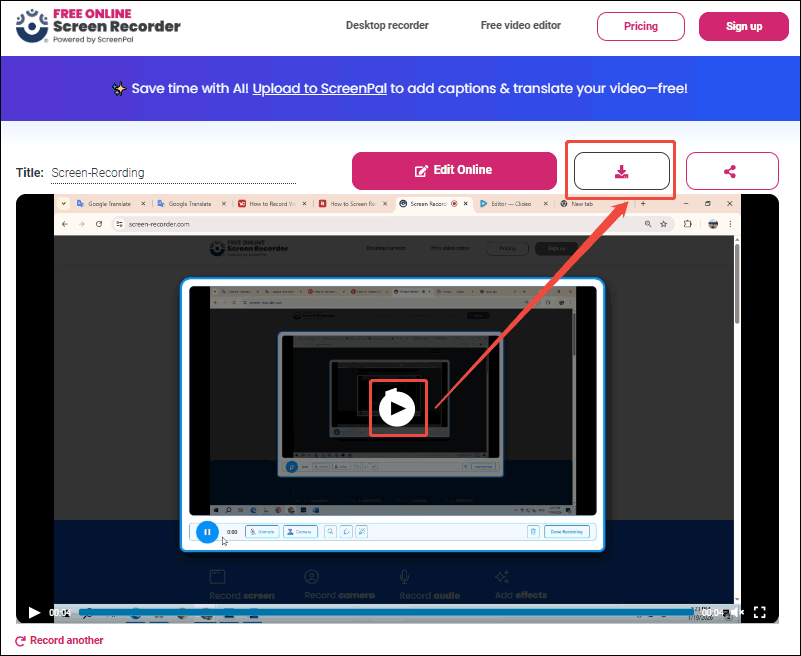 Free Online Screen Recorderのダウンロードページで「Play」と「Download」ボタンが強調表示されている様子