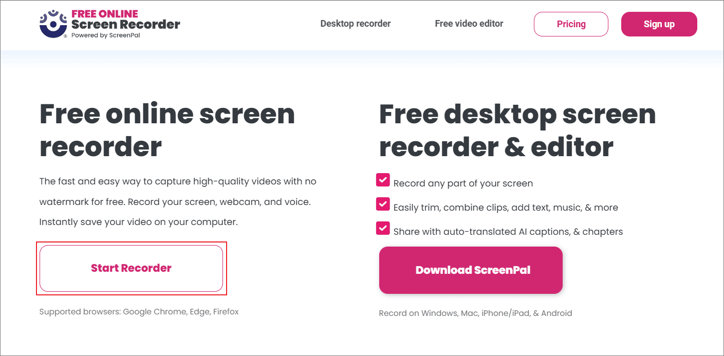 Online Screen Recorderページの「Start Recorder」が選択されている状態