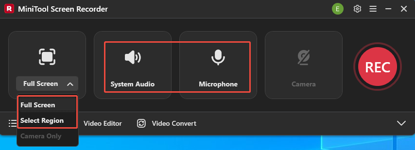 MiniTool Screen Recorder interface that shows how to select the recording area and manage audio recording.