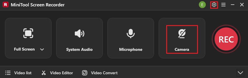 MiniTool Screen Recorder interface with the Camera and Settings icons selected.
