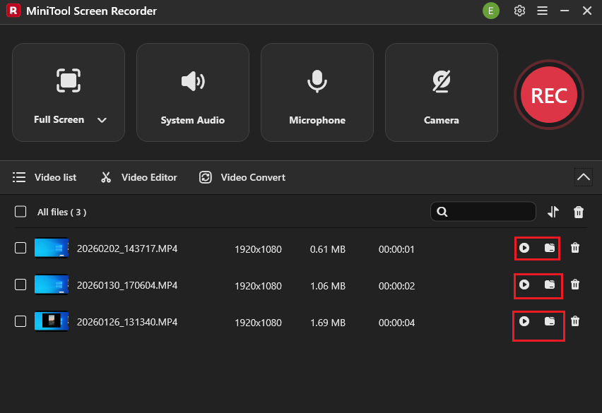 MiniTool Screen Recorder interface with the Play and Folder icons selected to view or locate the output files.