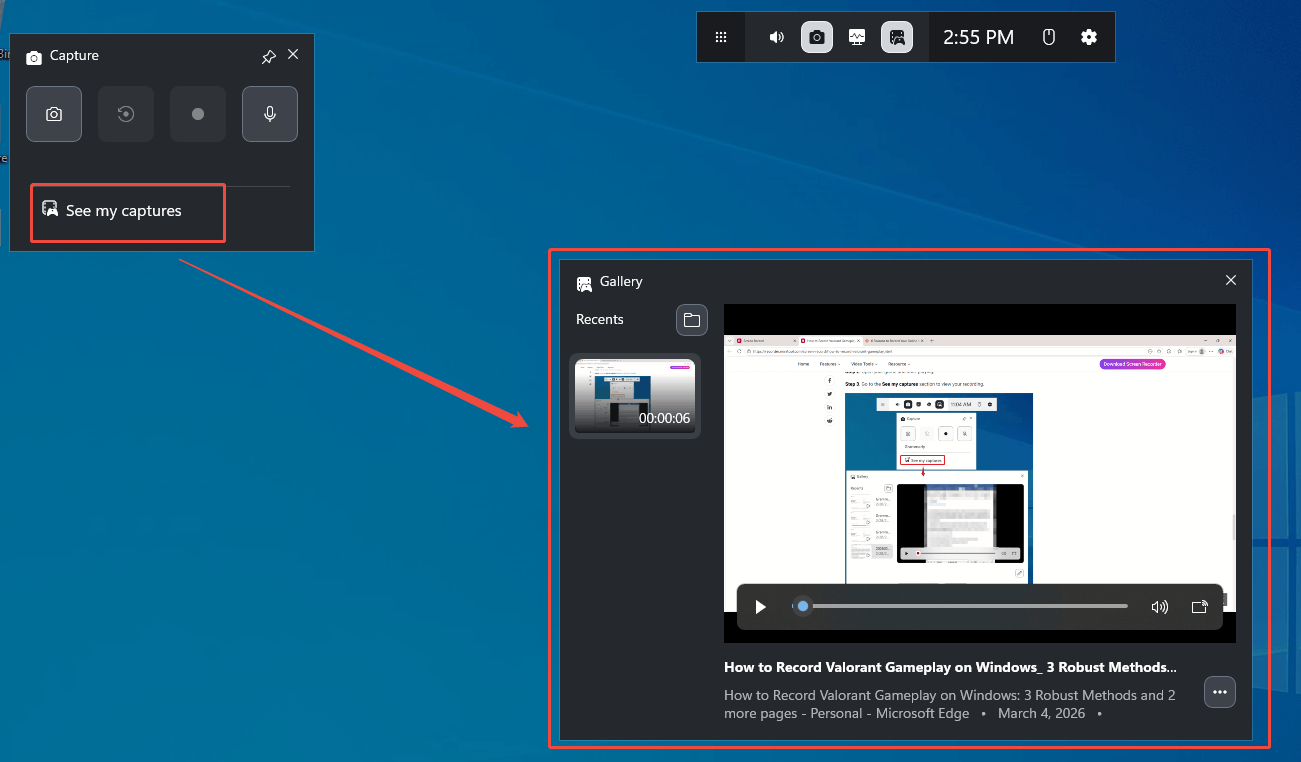 Xbox Game Bar interface with the See my captures option selected to access the Gallery window.