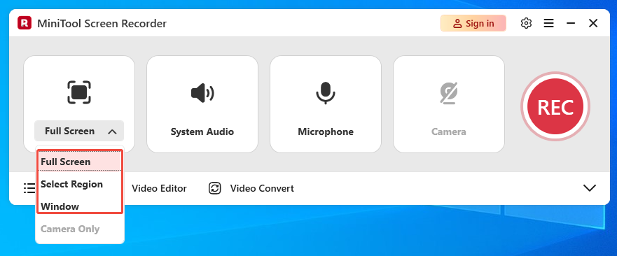 MiniTool Screen Recorder interface with the recording section options expanded.