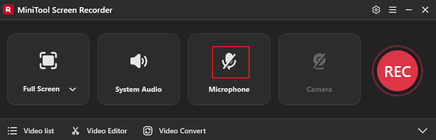 MiniTool Screen Recorder interface with the Microphone option turned off.