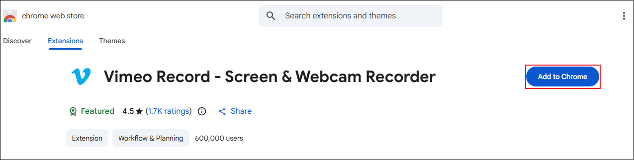 Chrome Web Store interface showing how to install the Vimeo Record extension.