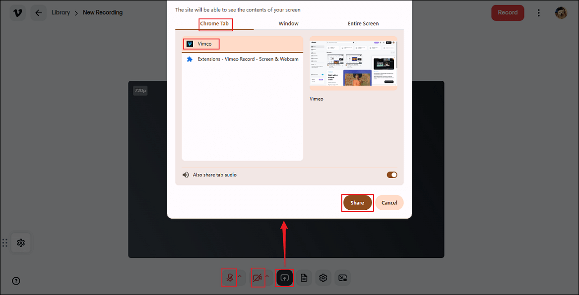 Vimeo Record extension interface showing how to turn off the microphone and camera and how to choose a recording region.