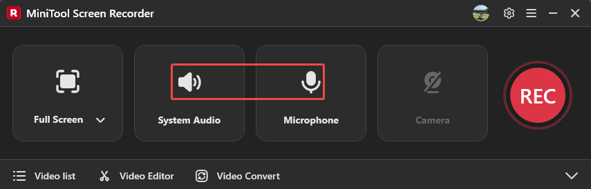 MiniTool Screen Recorder interface with the System Audio icon and the Microphone icon selected.