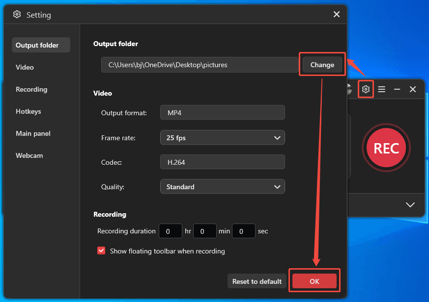 MiniTool Screen Recorder Setting window showing how to set a storage location.