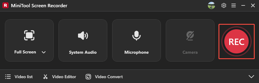 MiniTool Screen Recorder interface with the REC button selected.