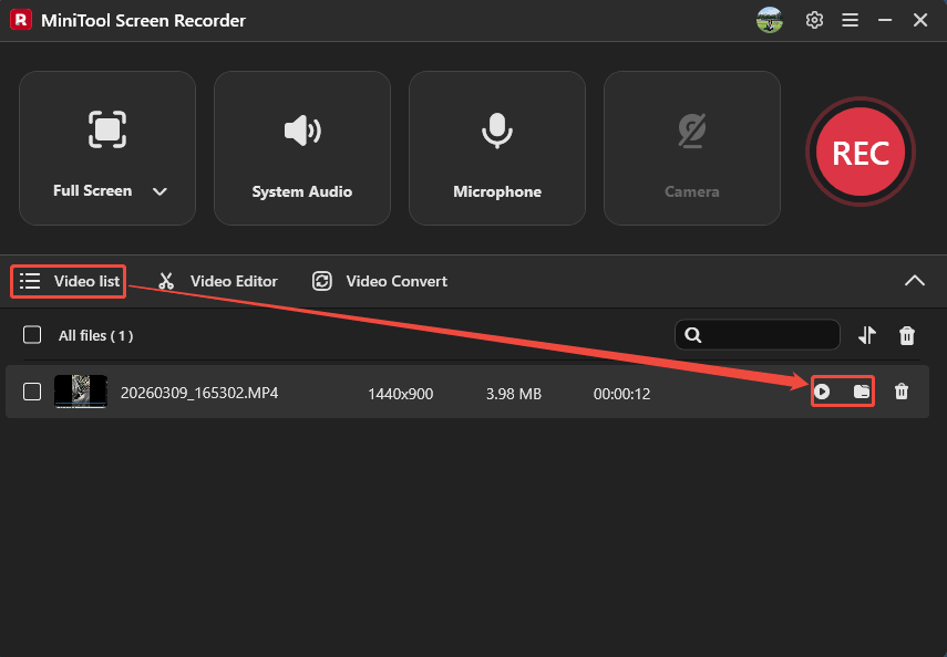 MiniTool Screen Recorder Video list with the Play icon and the Folder icon selected.