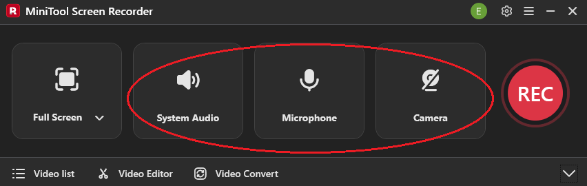 MiniTool Screen Recorder interface with the System Audio, Microphone, and Camera icons selected.