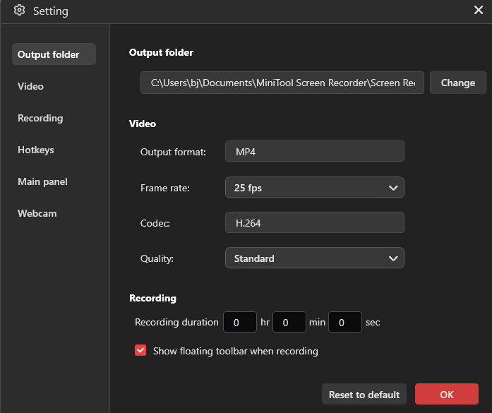 The Setting window of MiniTool Screen Recorder.