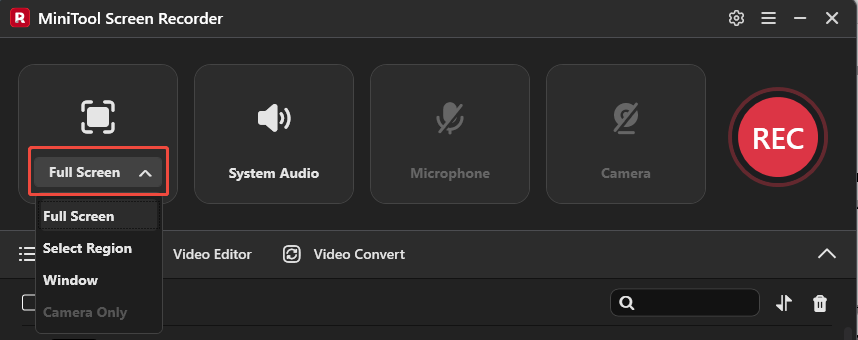 MiniTool Screen Recorder interface highlighting the Full Screen option.