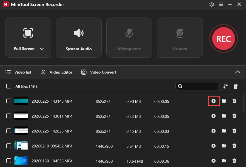 MiniTool Screen Recorder interface with the selected Play icon.