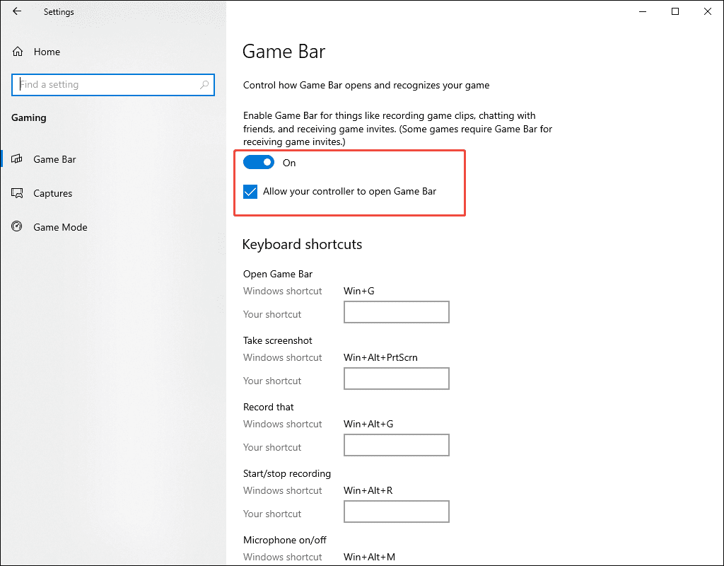 Windows Gaming window showing the Game Bar option enabled.
