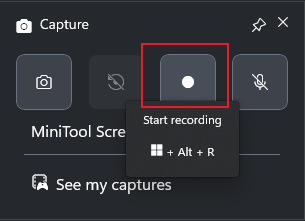 Xbox Game Bar Capture Panel with the highlighted Start recording option.
