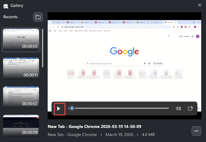 The selected Play icon in the Gallery panel.