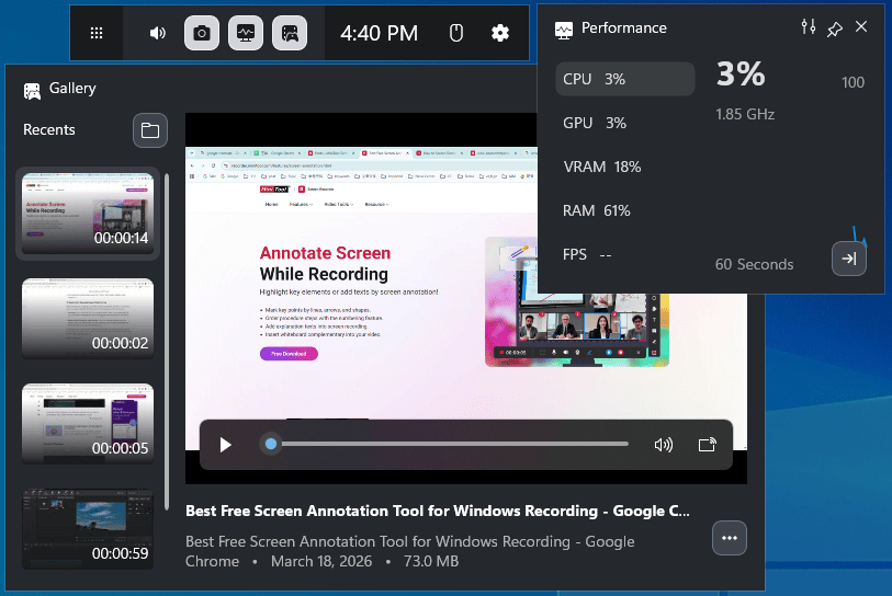 The floating bar of Game Bar, Gallery window, and the Performance widget.