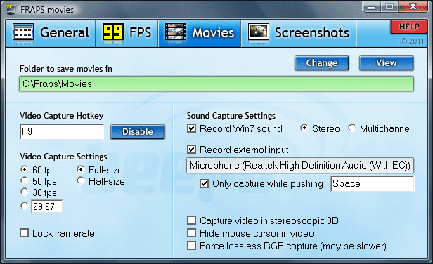 The video capture settings page of Fraps.