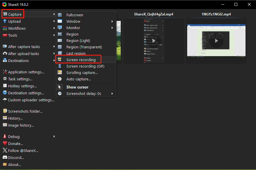 The ShareX interface showing how to start a screen recording.