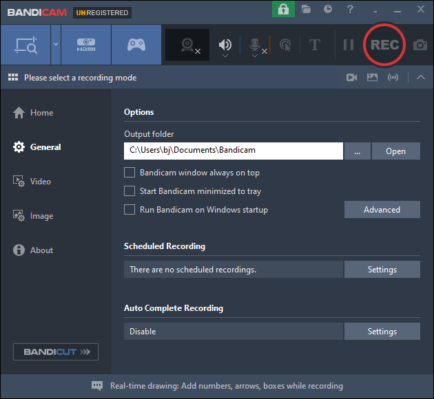 The main interface of Bandicam.