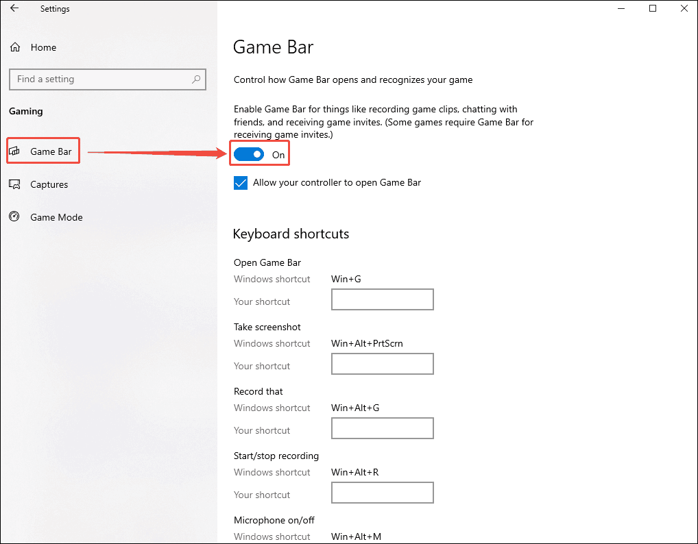 Windows system Settings window with the Xbox Game Bar launch button in the Game Bar tab selected.