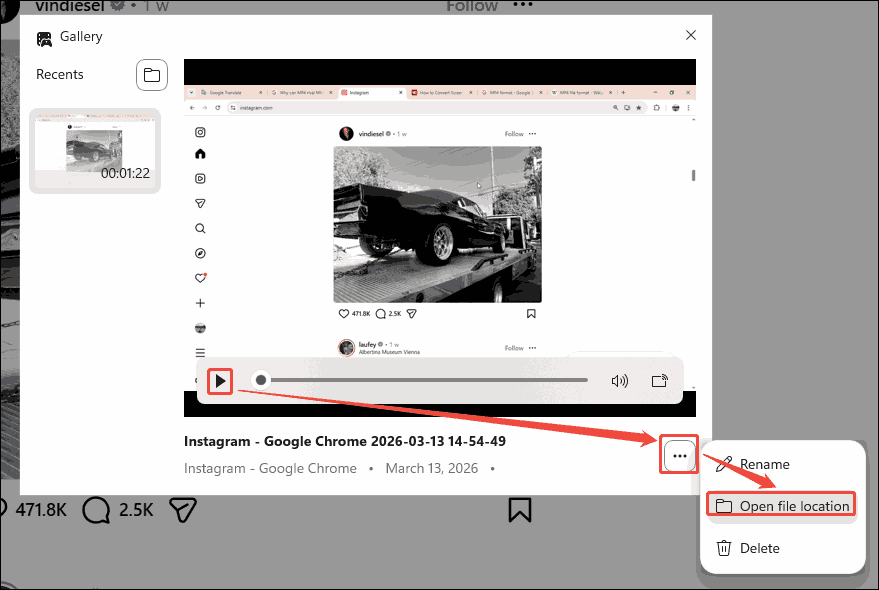 Xbox Game Bar Gallery window showing how to preview and locate the recorded video.
