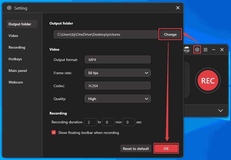MiniTool Screen Recorder Setting window showing how to configure a saving path for the recorded video.