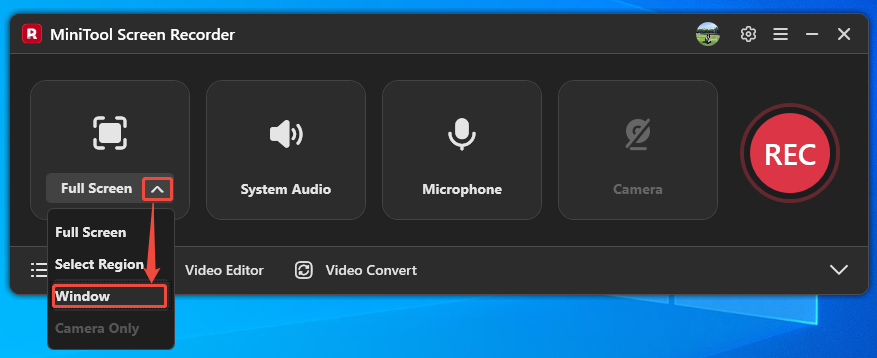 MiniTool Screen Recorder interface with the screen recording type menu expanded and the Window option selected.