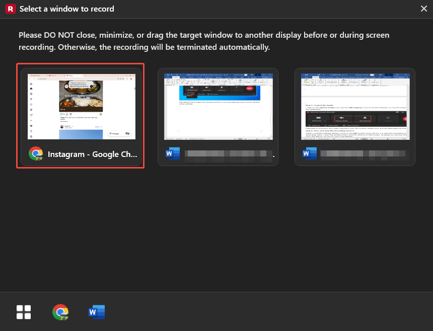 MiniTool Screen Recorder Select a window to record window with the Instagram Google Chrome option selected.