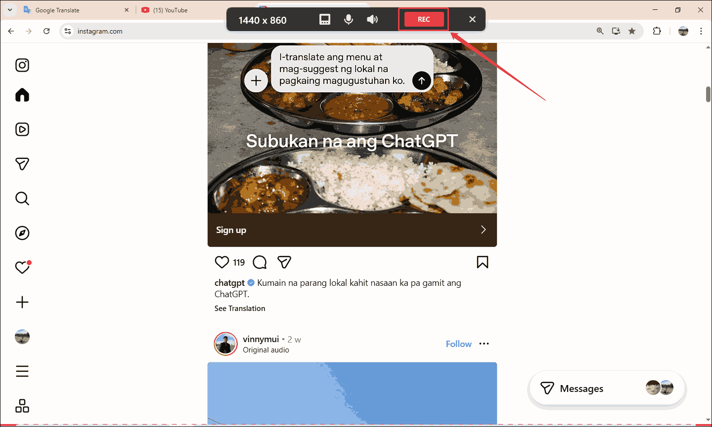 Instagram interface with the REC button of the MiniTool Screen Recorder floating toolbar selected.