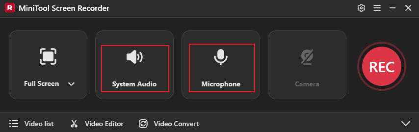 MiniTool Screen Recorder interface showing system audio and microphone are activated.