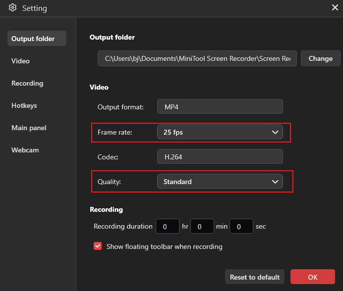 MiniTool Screen Recorder interface showing how to customize the video parameters.