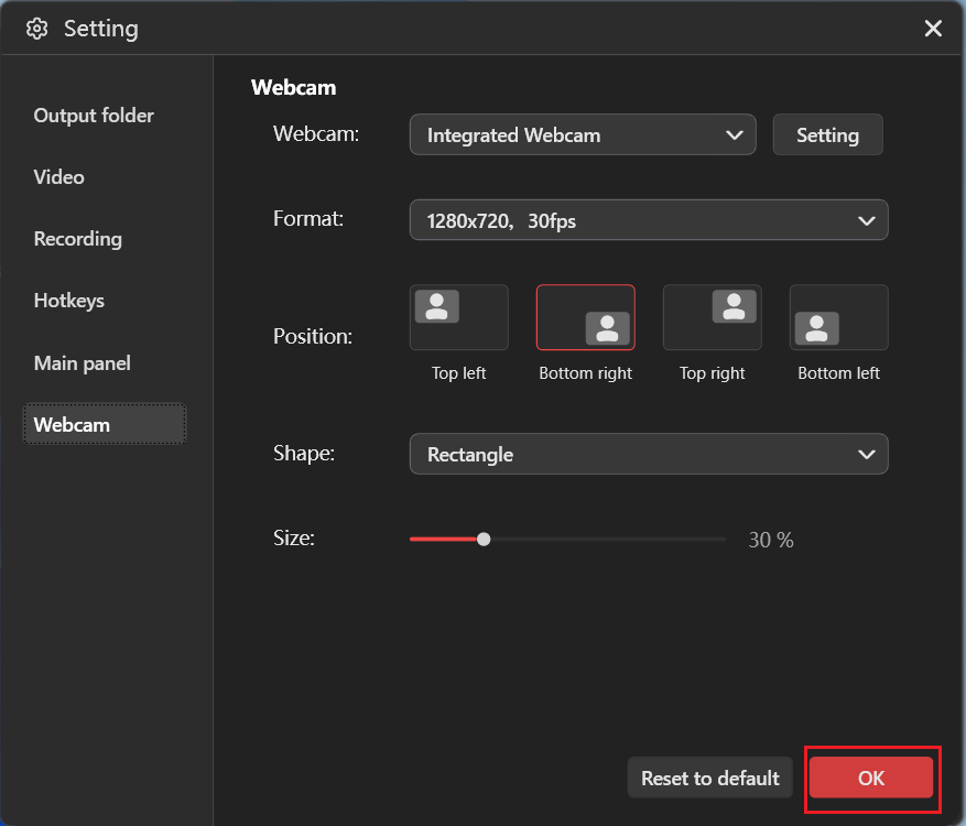 MiniTool Screen Recorder’s Settings interface showing how to adjust webcam settings and with the OK button selected.