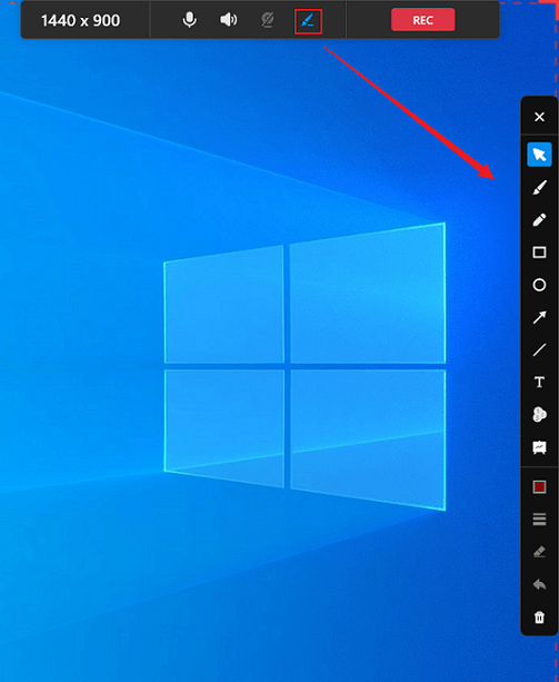 MiniTool Screen Recorder interface showing how to activate annotation tools.