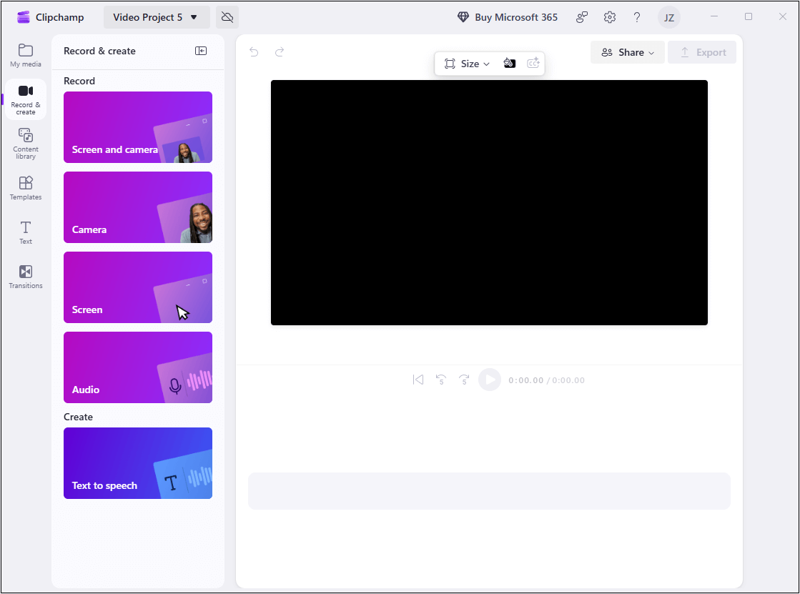 Microsoft Clipchamp’s screen recorder interface.