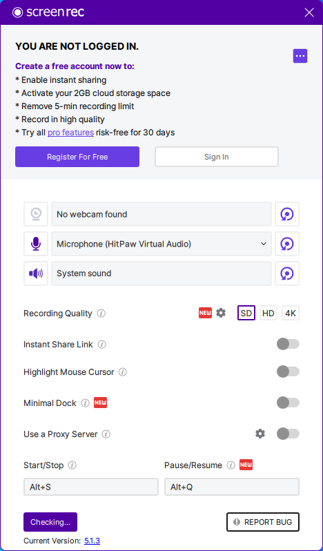ScreenRec’s main interface.