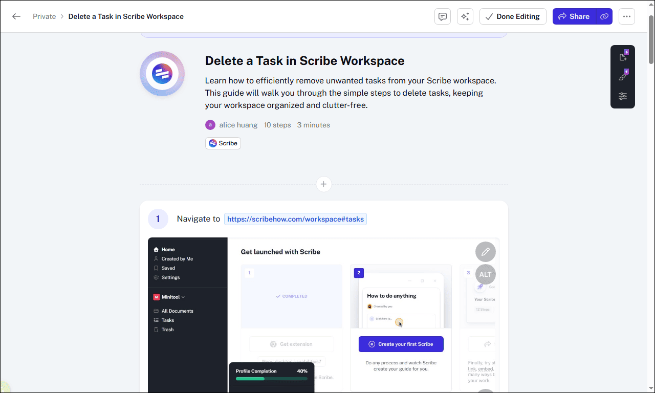 Scribe extension window displaying a sample guide automatically generated from recorded on-screen actions.