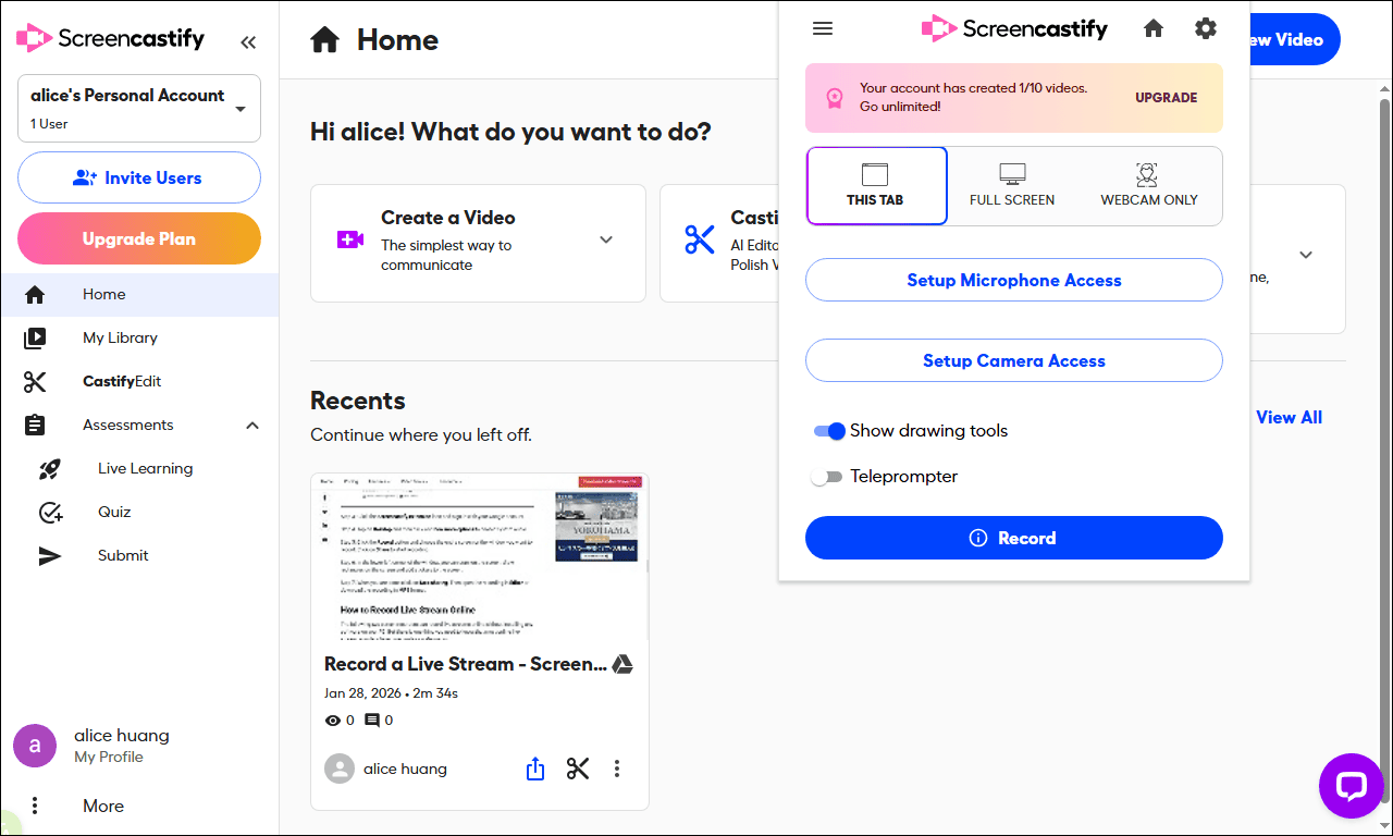 The main interface of Screencastify.
