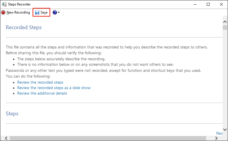 Steps Recorder interface showing a highlighted Save option.