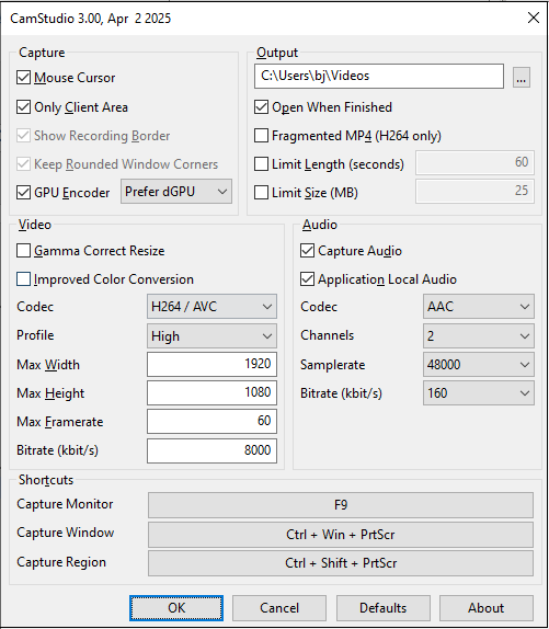 CamStudioの画面録画の設定画面