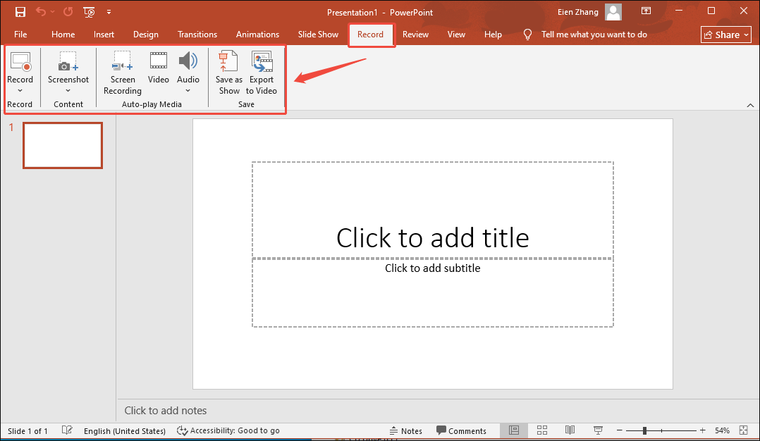 The user interface of PowerPoint with the Record option selected.