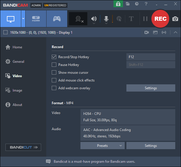 The user interface of Bandicam Screen Recorder.