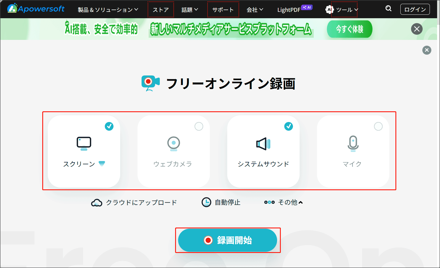 Apowersoftオンライン版の録画設定画面