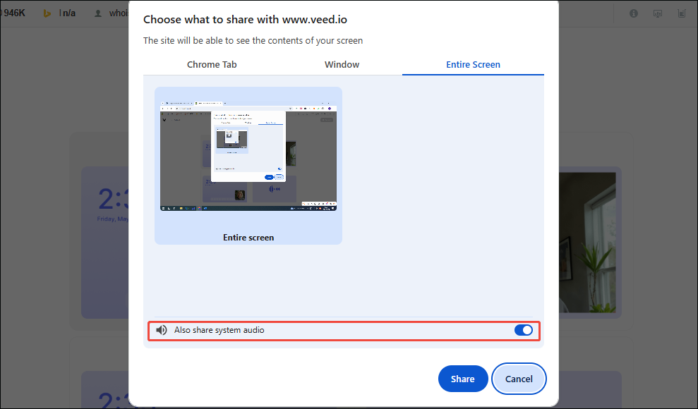VEEDの録画インターフェースで、「Also share system audio」オプションが選択されている状態