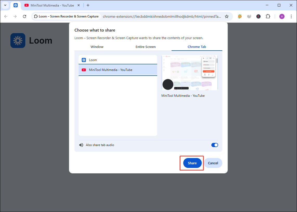 録画したい動画が表示されたChromeタブを共有しているLoomの画面