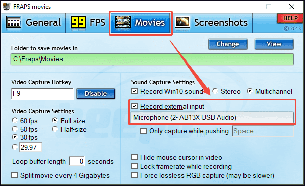 Fraps interface with the Record external input option enabled under the Movies tab.