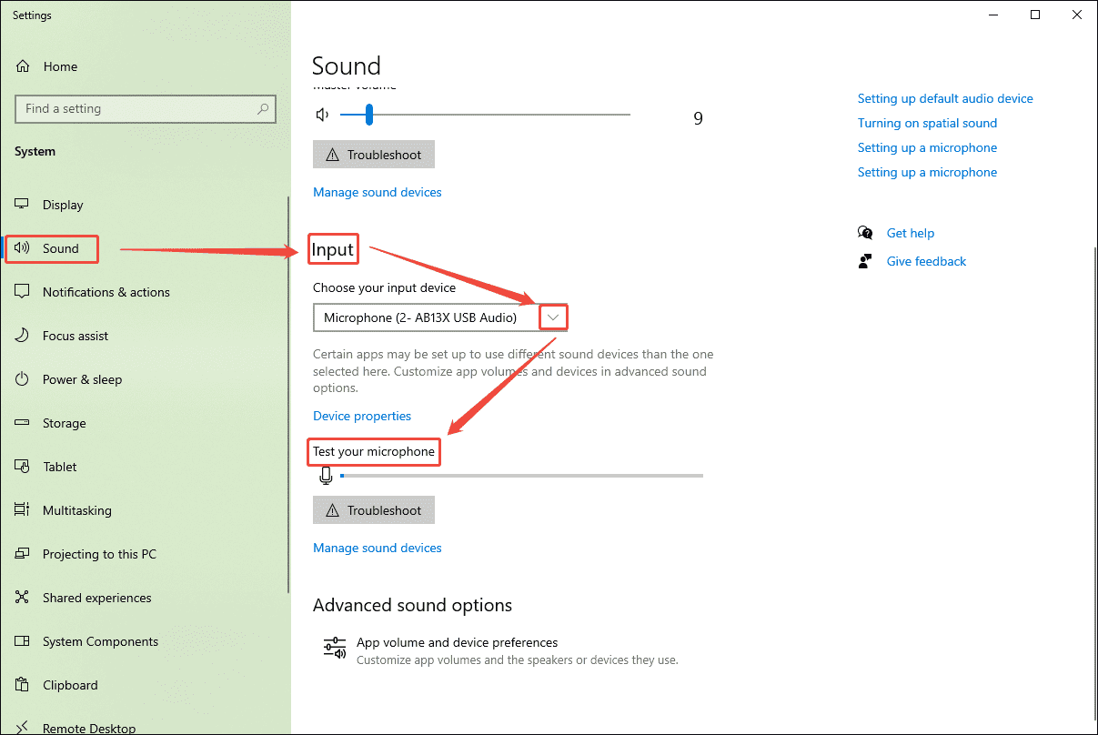 Windows Sound Settings interface showing how to choose an audio input device and test it.