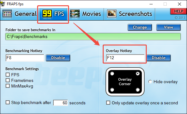 Fraps interface with the Overlay Hotkey section selected under the 99 FPS tab.